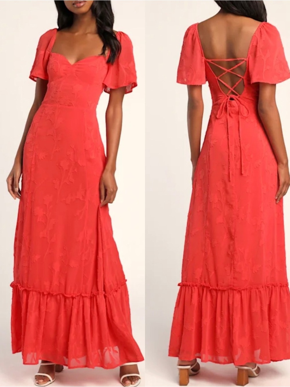 Lulu's Coral Jacquard Lace-Up Maxi Dress | Flutter Sleeves |Size Small